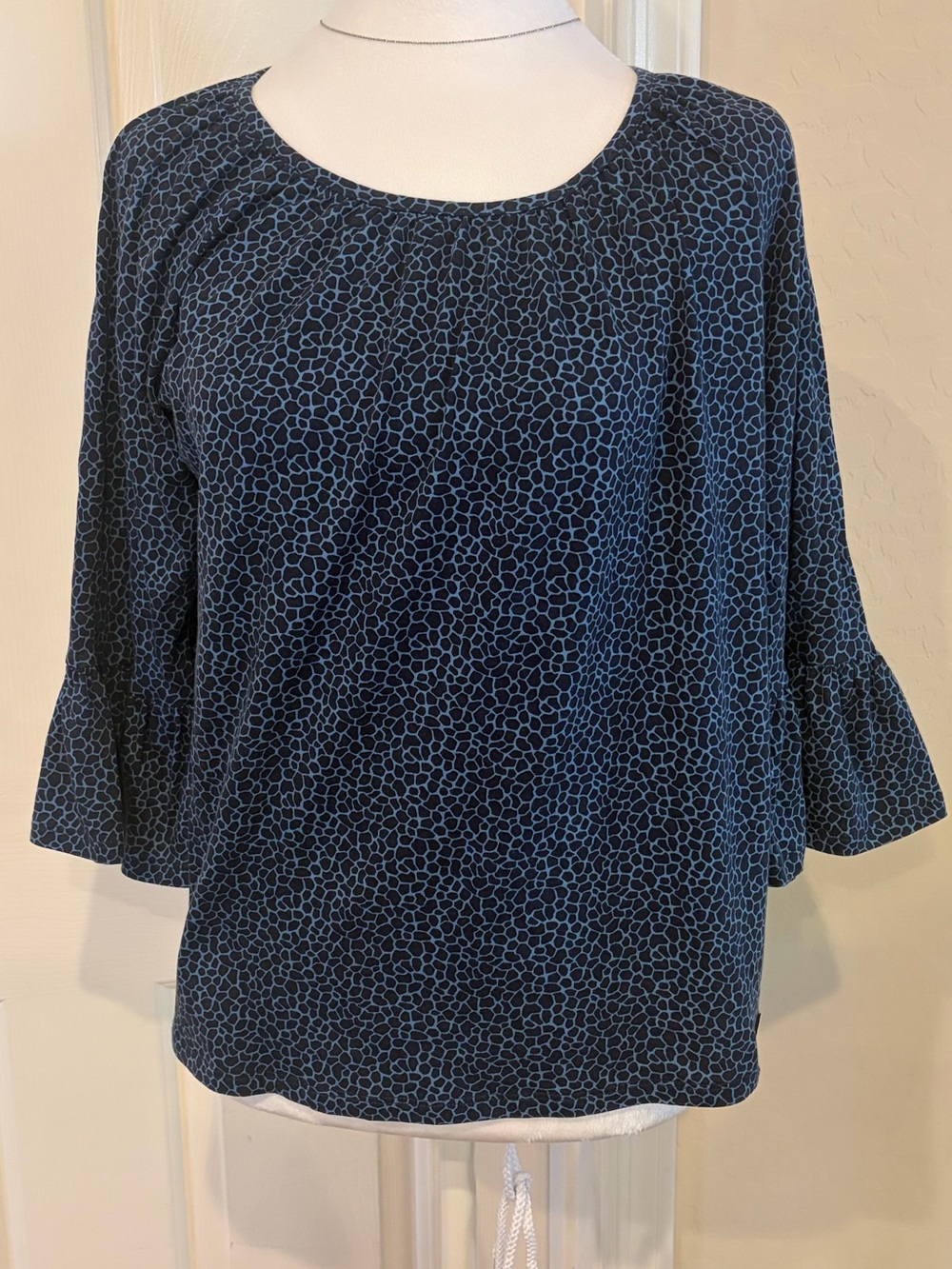 Michael Kors Navy Animal Patterned Scoop-Neck Peasant Blouse With Bell Sleeves